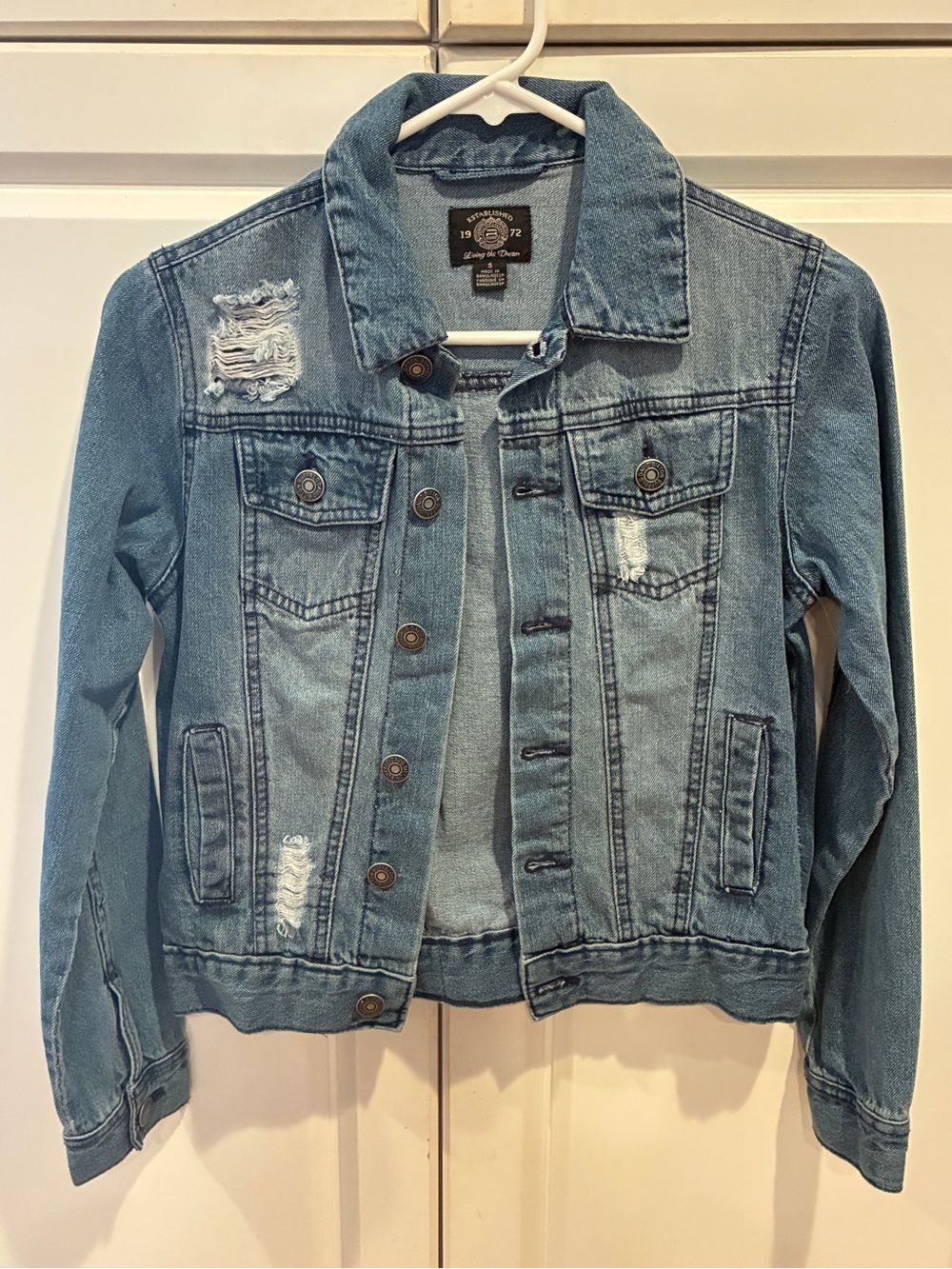 Buffalo David Bitton Light Blue Distressed Denim Jacket, size Small. Like new